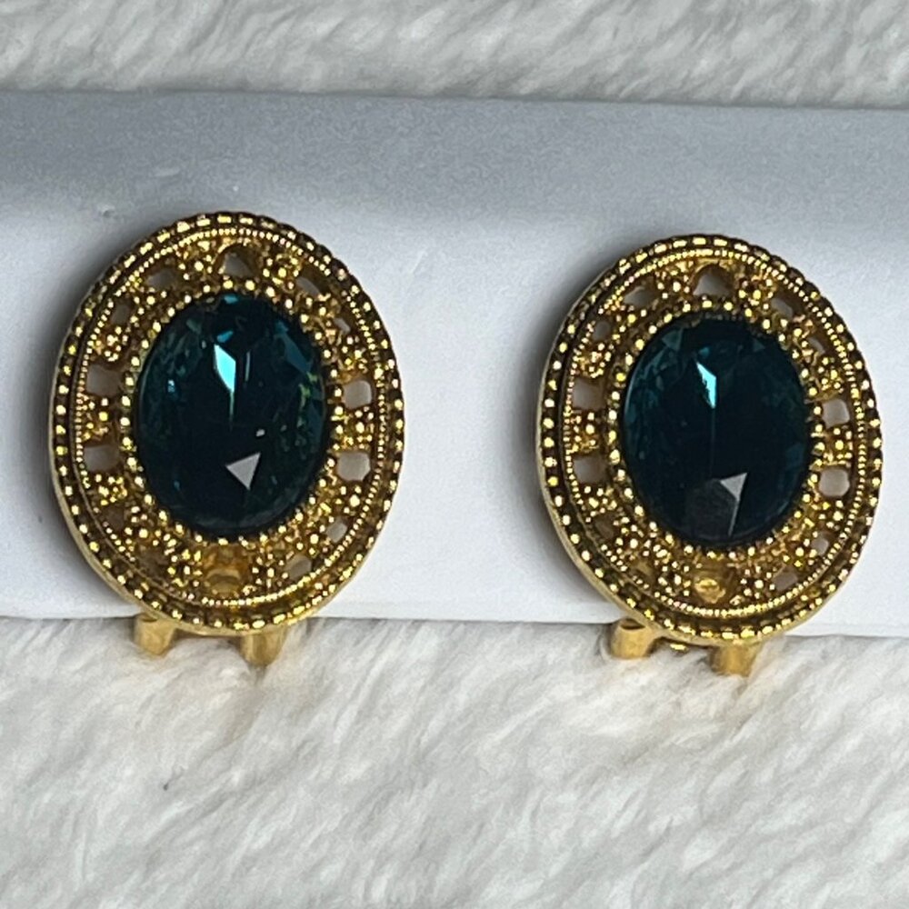 Vintage Gold-Tone Clip-On Earrings With Dark Teal Glass Oval Stones & Filigree